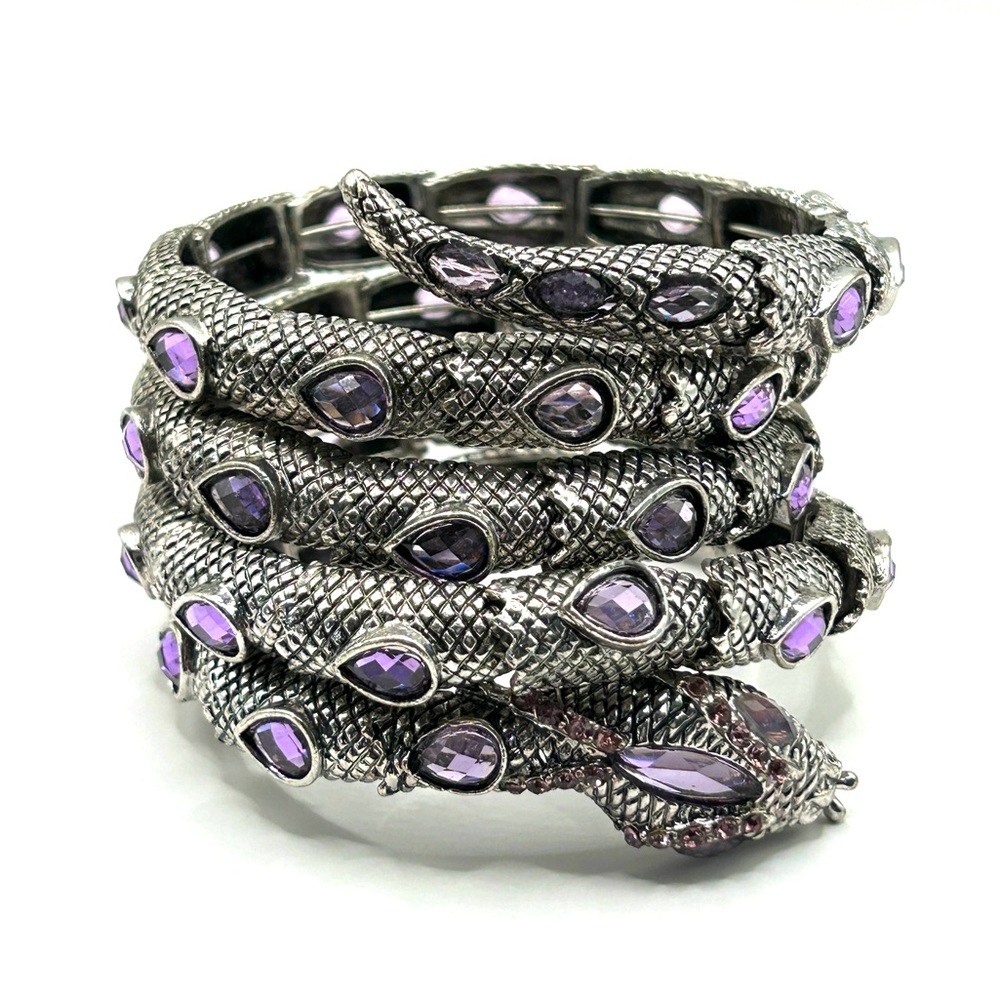 Silver Tone Coiled Stretch Snake Wrap Bracelet Purple Amethyst Like Gemstone